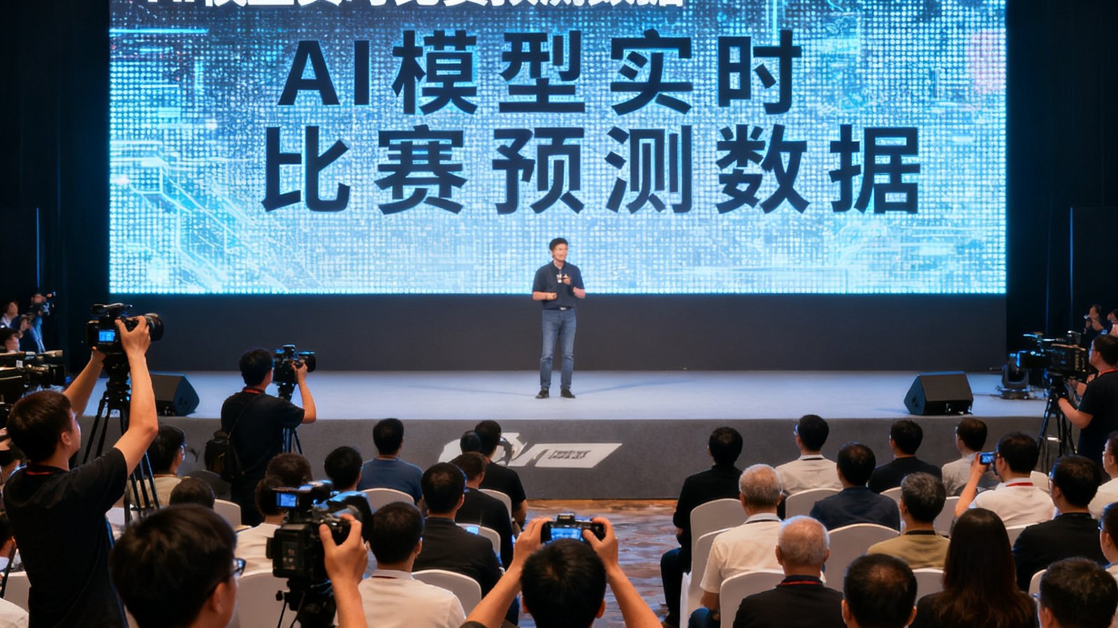 华体会AI预测引擎发布会的现场照片，舞台上展示着巨大的LED屏幕，上面显示着AI模型对比赛的实时预测数据，台下坐满了媒体记者和行业嘉宾