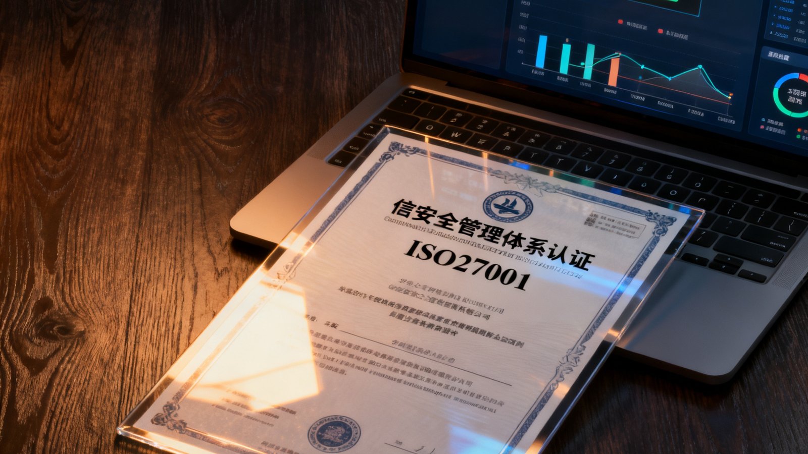 华体会获得的ISO27001信息安全管理体系认证证书的特写照片，证书放置在深色木质桌面上，旁边是一台笔记本电脑显示着华体会的安全监控后台