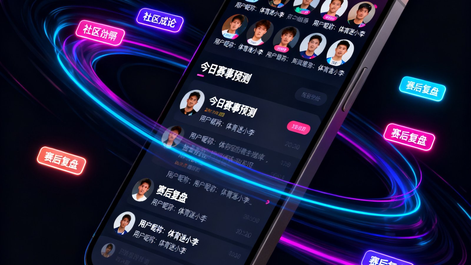 华体会体育爱好者社区平台的移动端界面，展示着活跃的讨论帖子和用户生成内容，界面采用深色模式搭配霓虹色标签，社区成员头像排列成动态网格