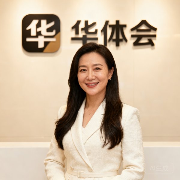 华体会COO王雅婷的半身肖像照，她三十八岁，穿着米白色职业套装，长发披肩，气质优雅而干练，站在华体会品牌墙前微笑